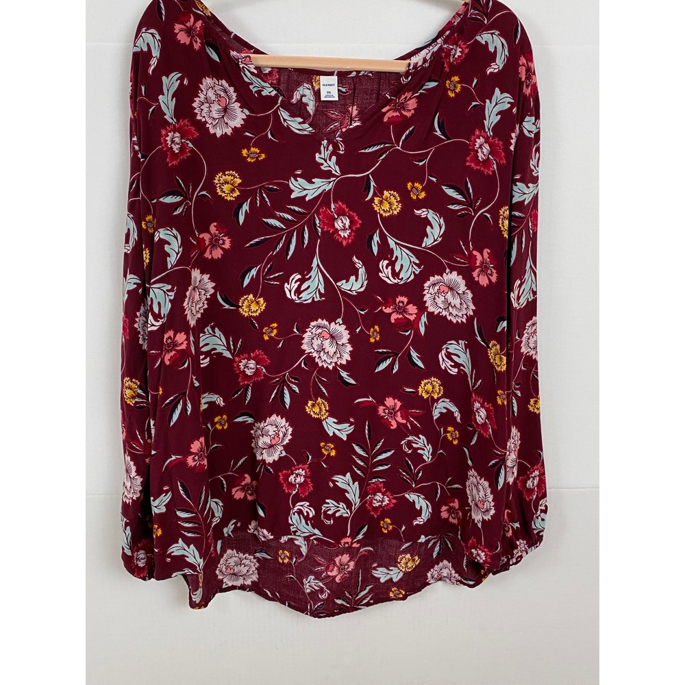 Old Navy Floral Print Blouse XXL Burgundy Red Long Sleeve Casual Top